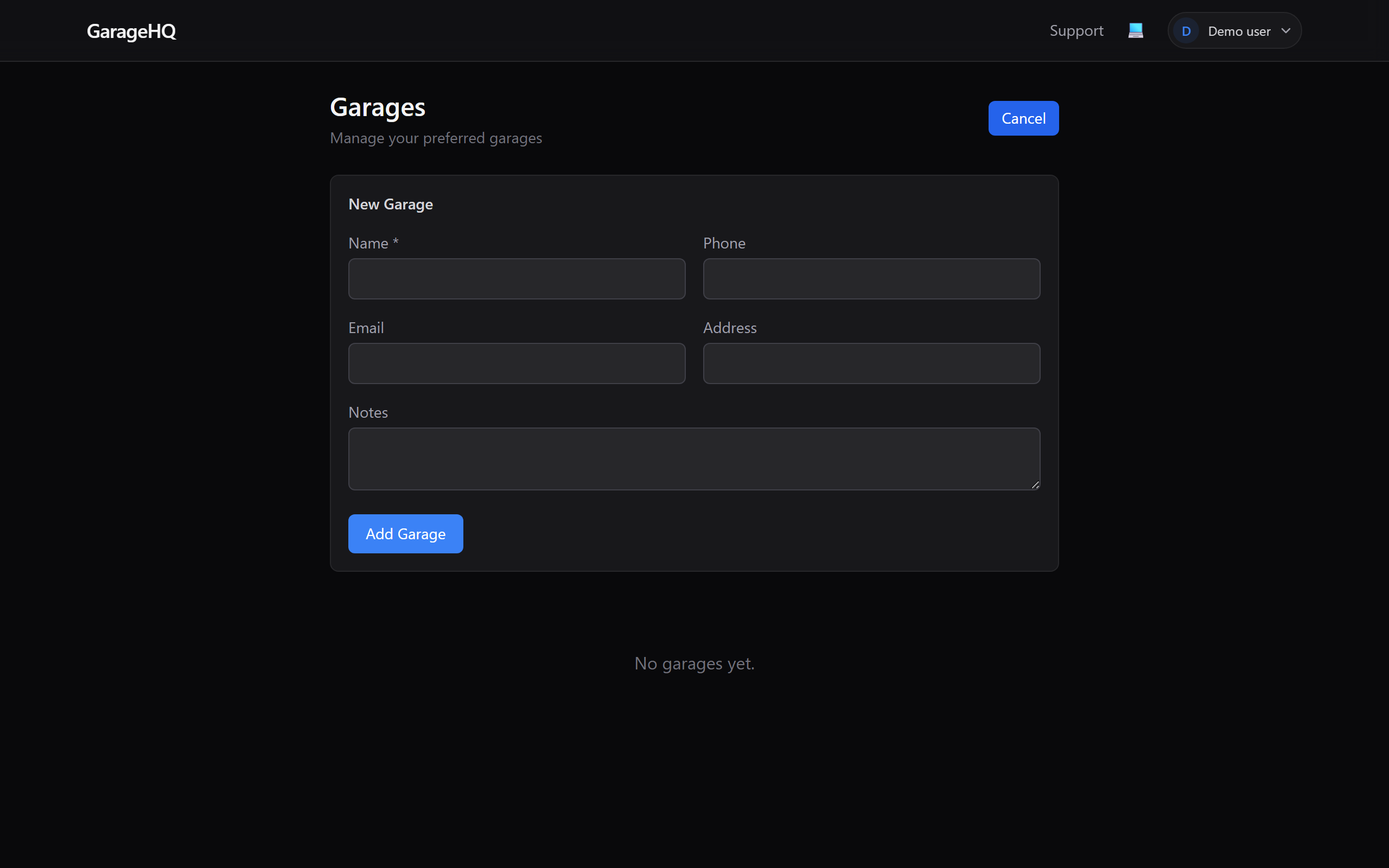 Blank add-garage form