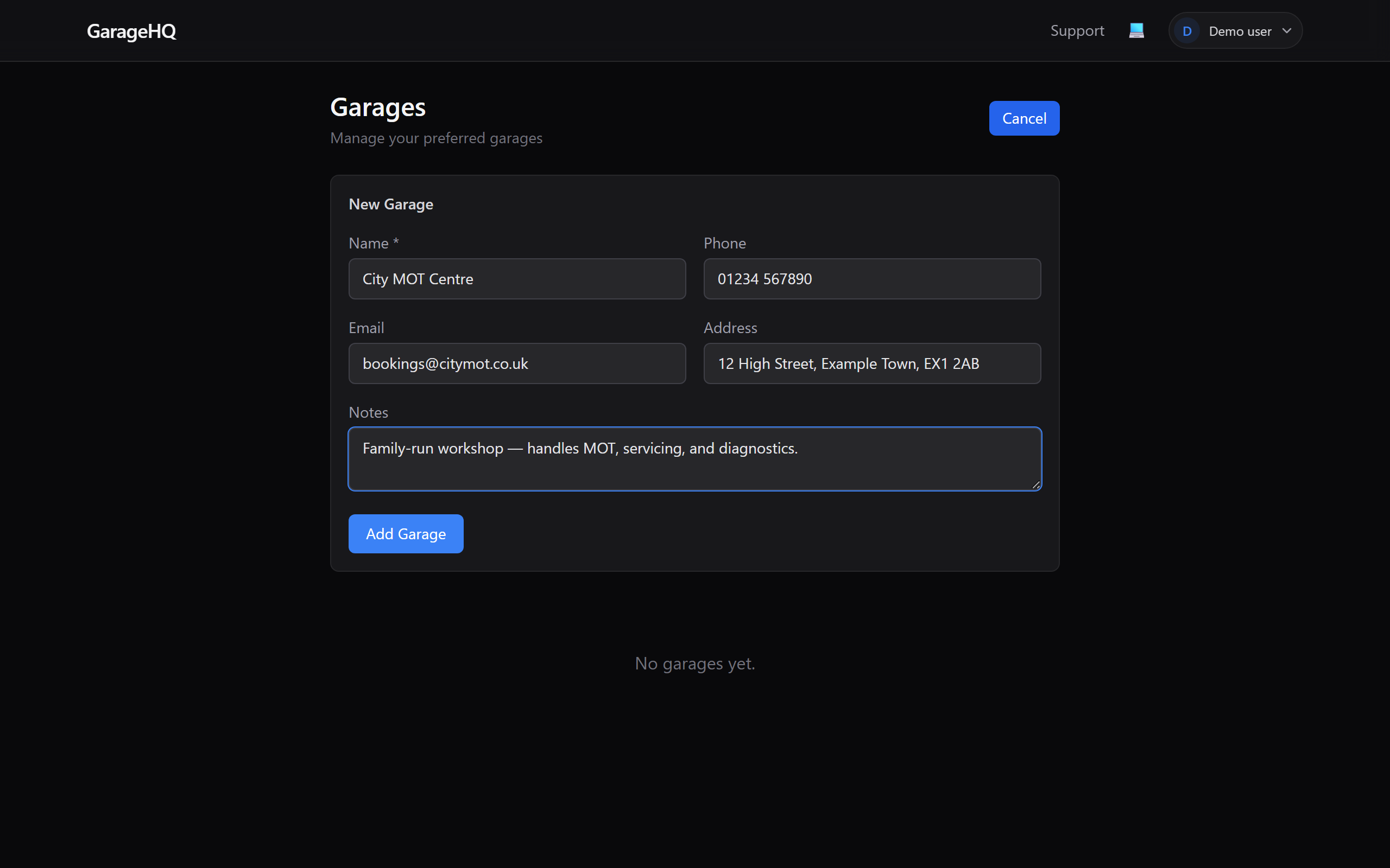 Garage form with example workshop details filled in