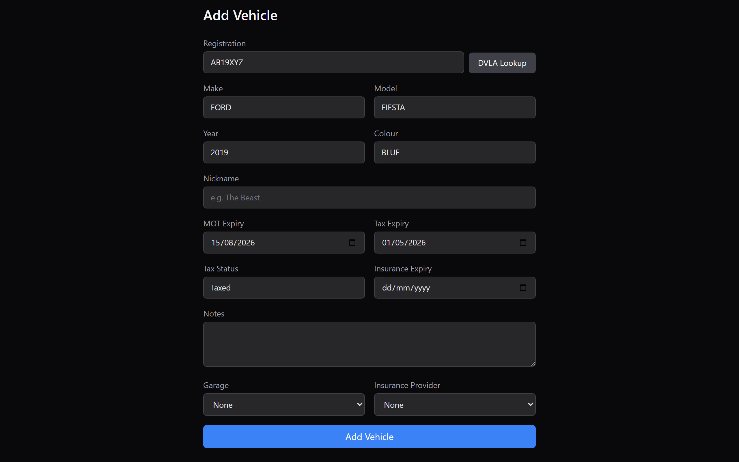 Garage and insurance provider dropdowns at the bottom of the form