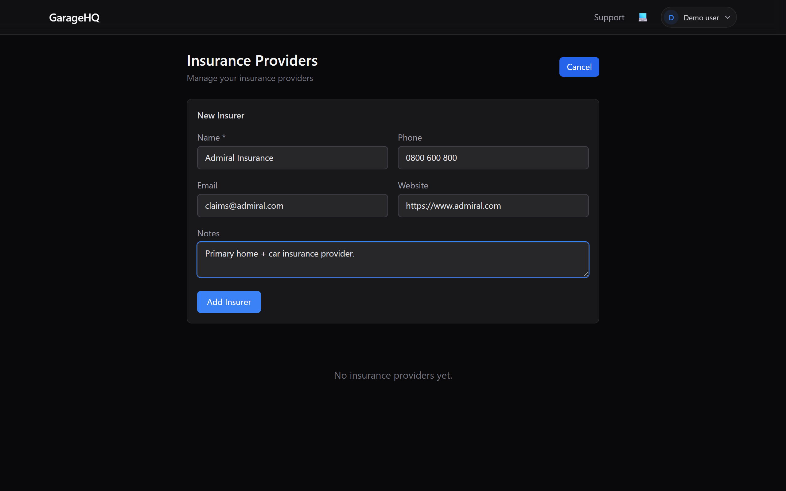Insurer form with Admiral details filled in