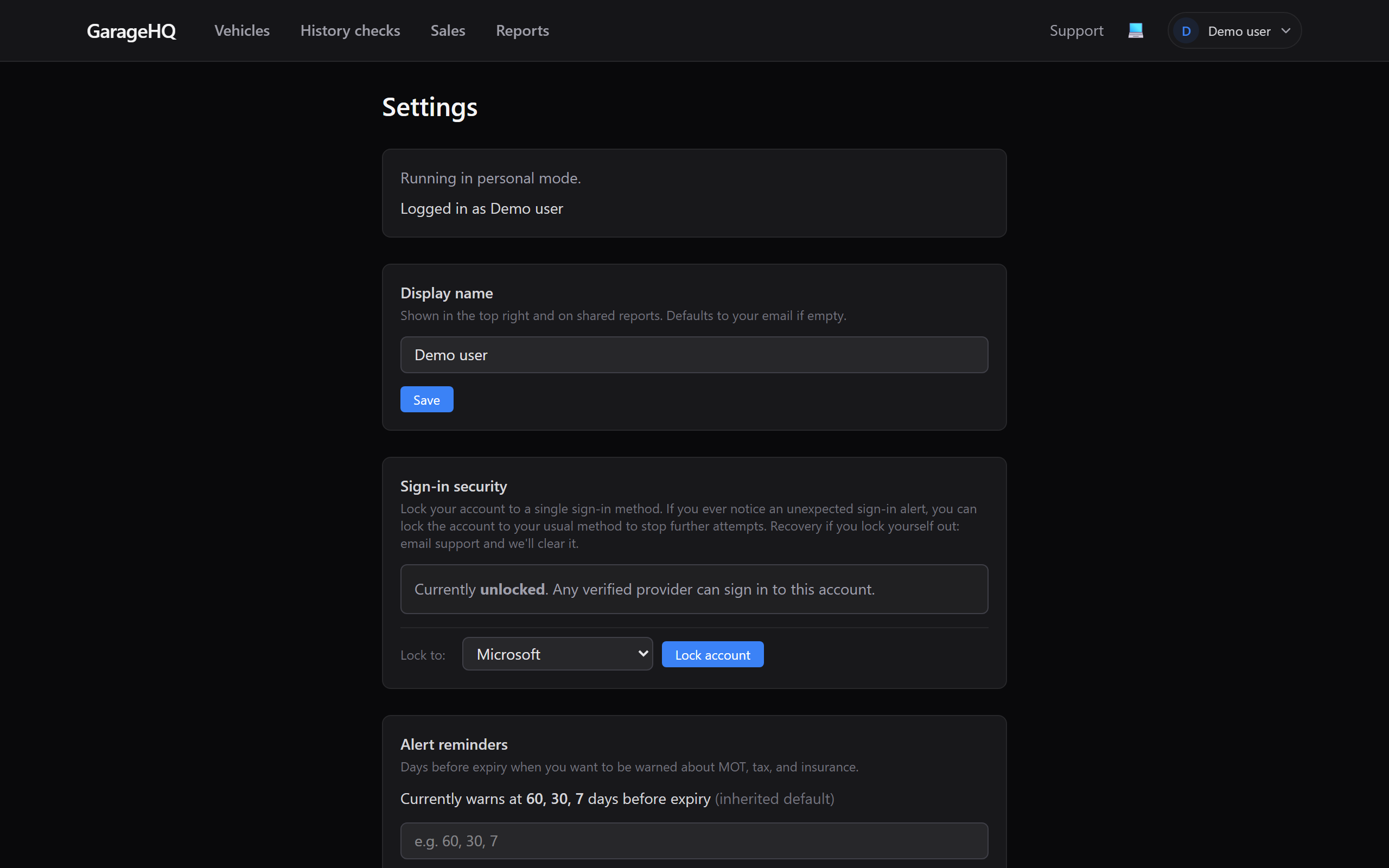 Download receipts card on the Account settings page with from and to date inputs and a Download zip button