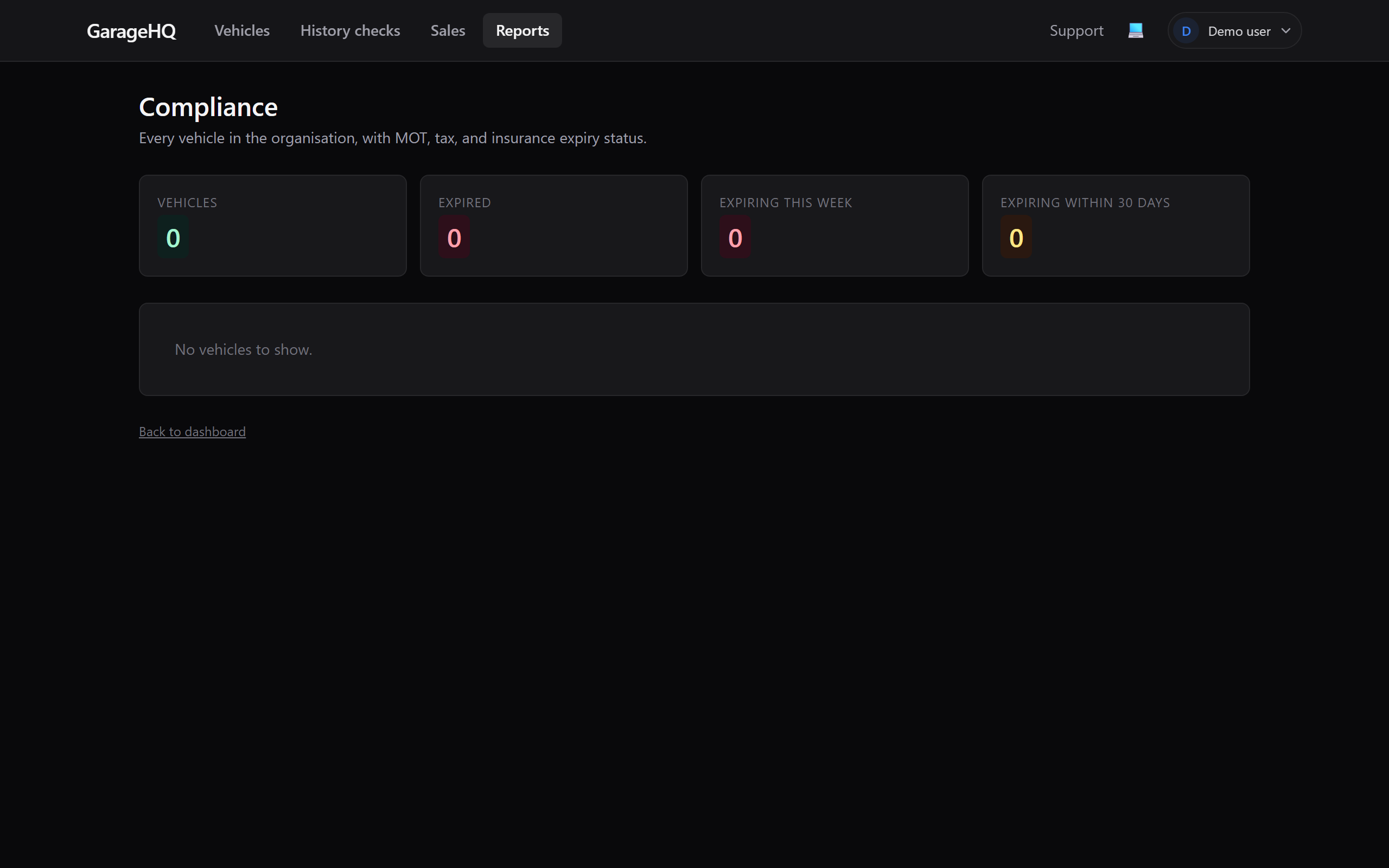 Compliance dashboard filtered to show only expiring and expired vehicles
