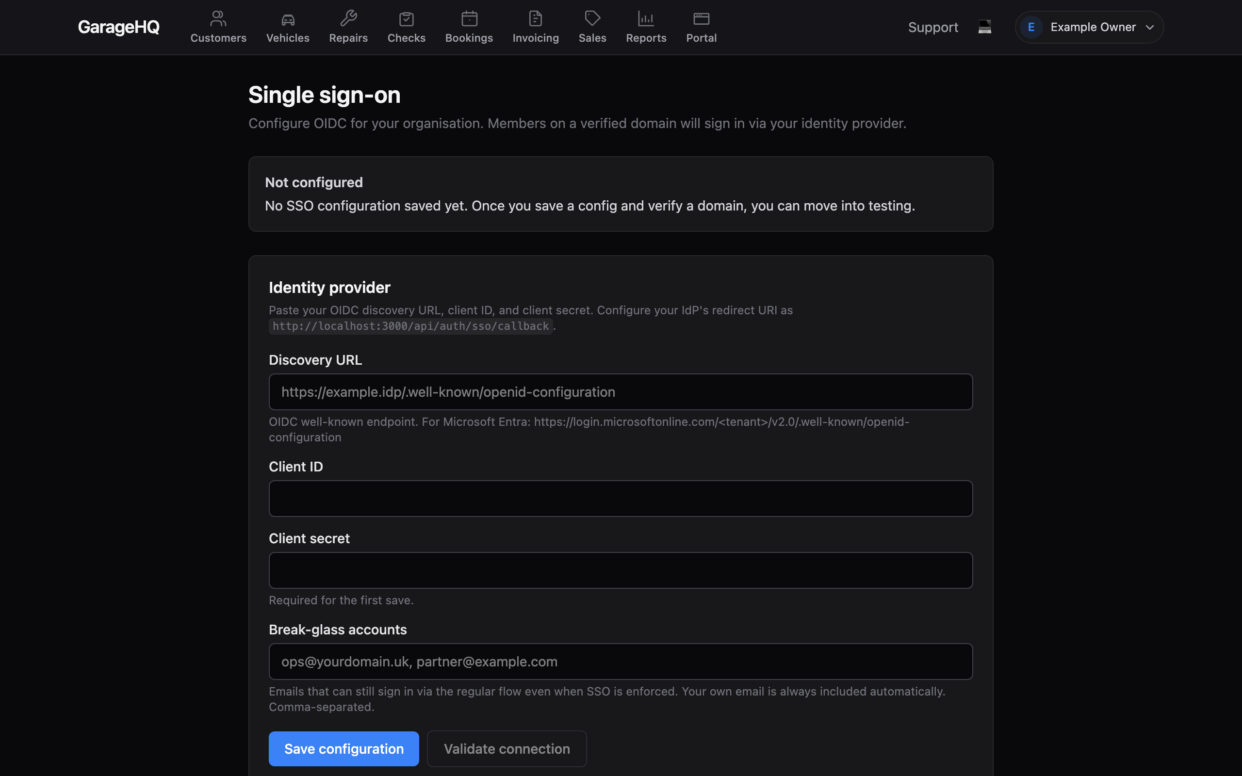 The Single sign-on settings page in its empty state, showing the 'Not configured' banner and an empty Identity provider form.