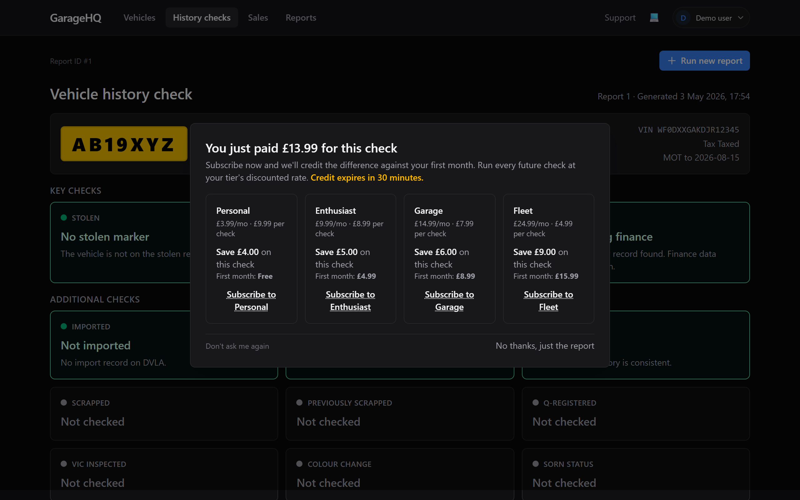 The Subscribe and credit modal with three plan options on the report page