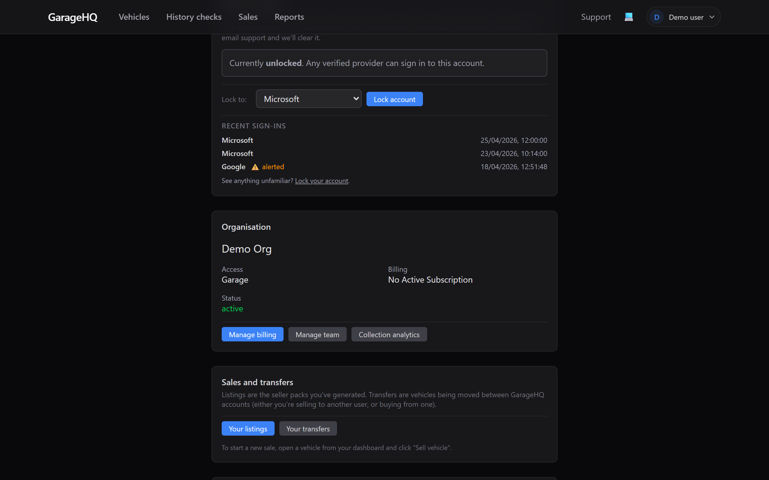 Sign-in security card on the Settings page before any lock is applied