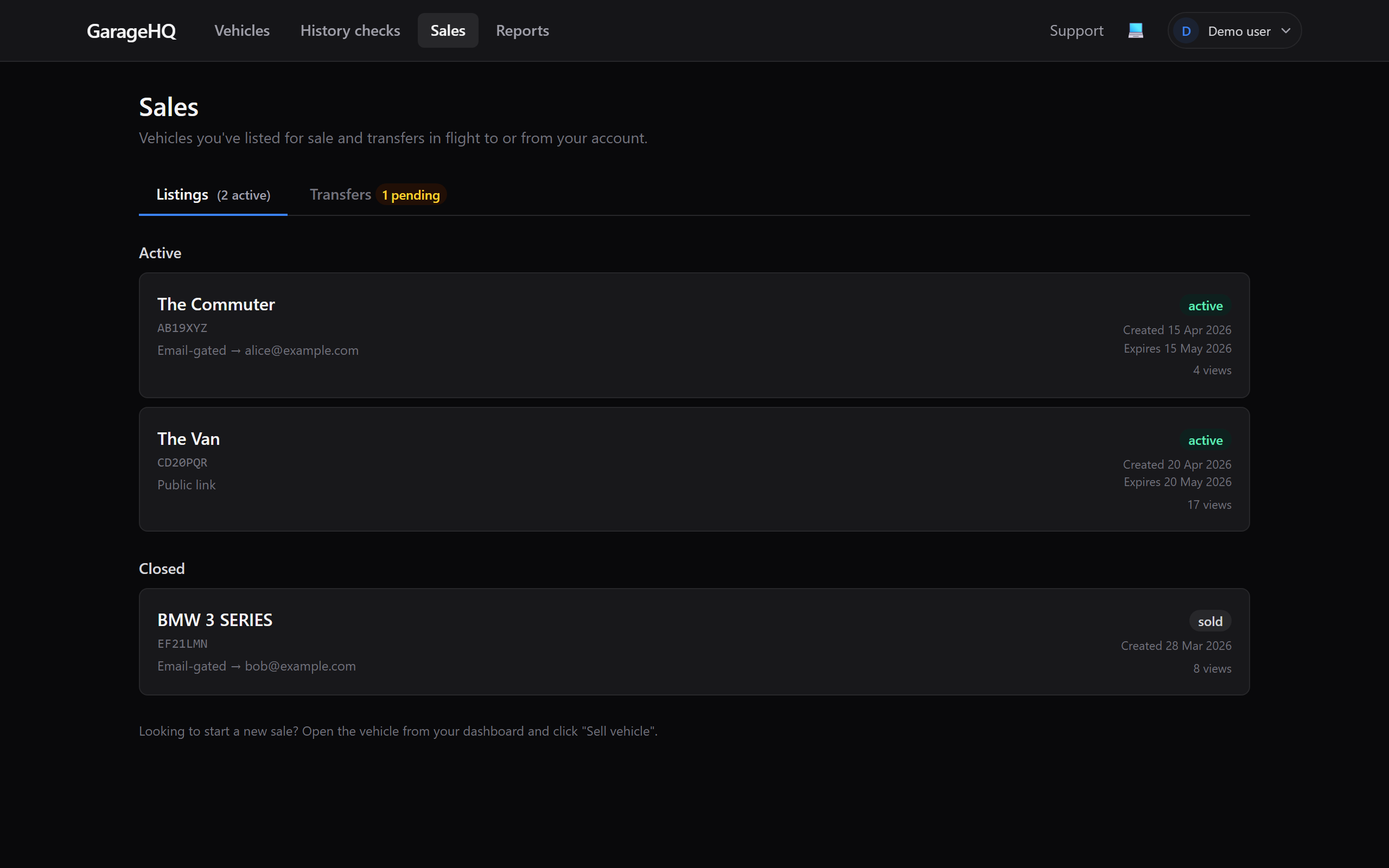 Sales page with the Listings tab selected
