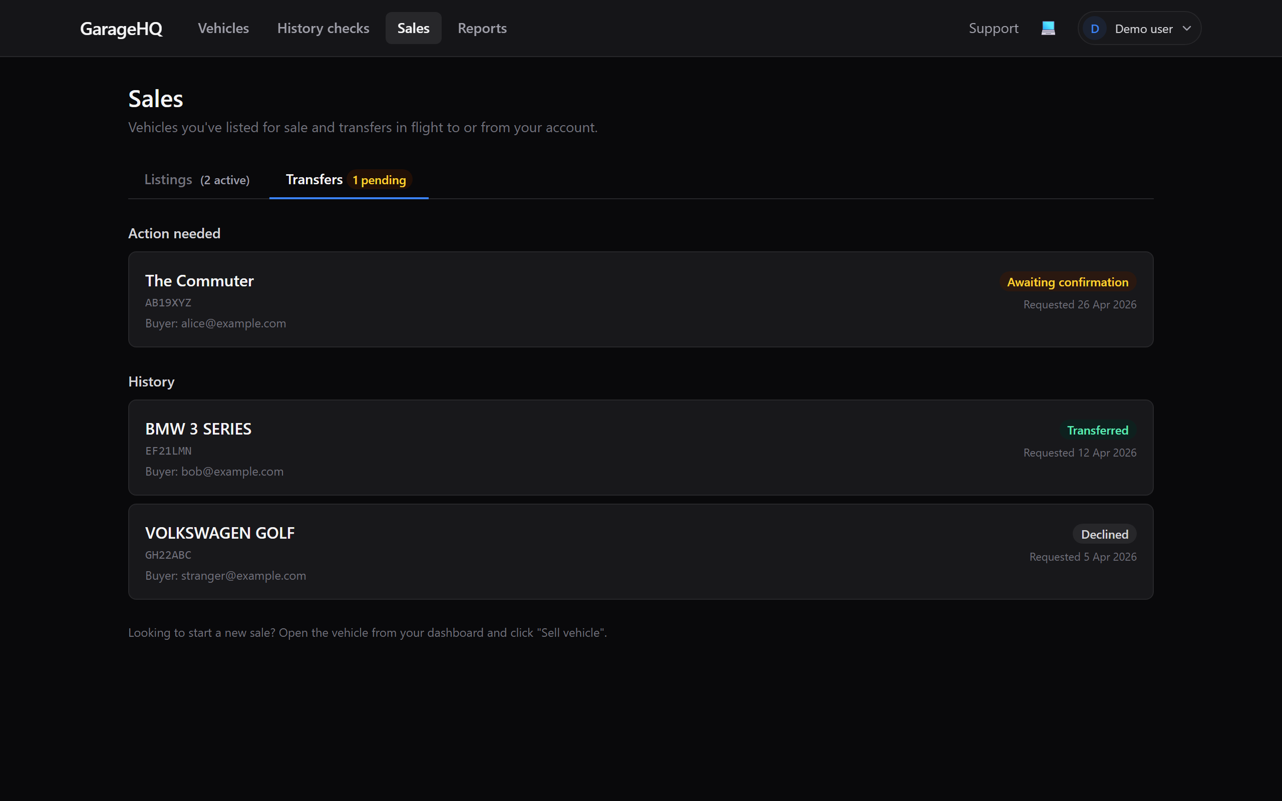 Transfers tab showing pending and historical transfers