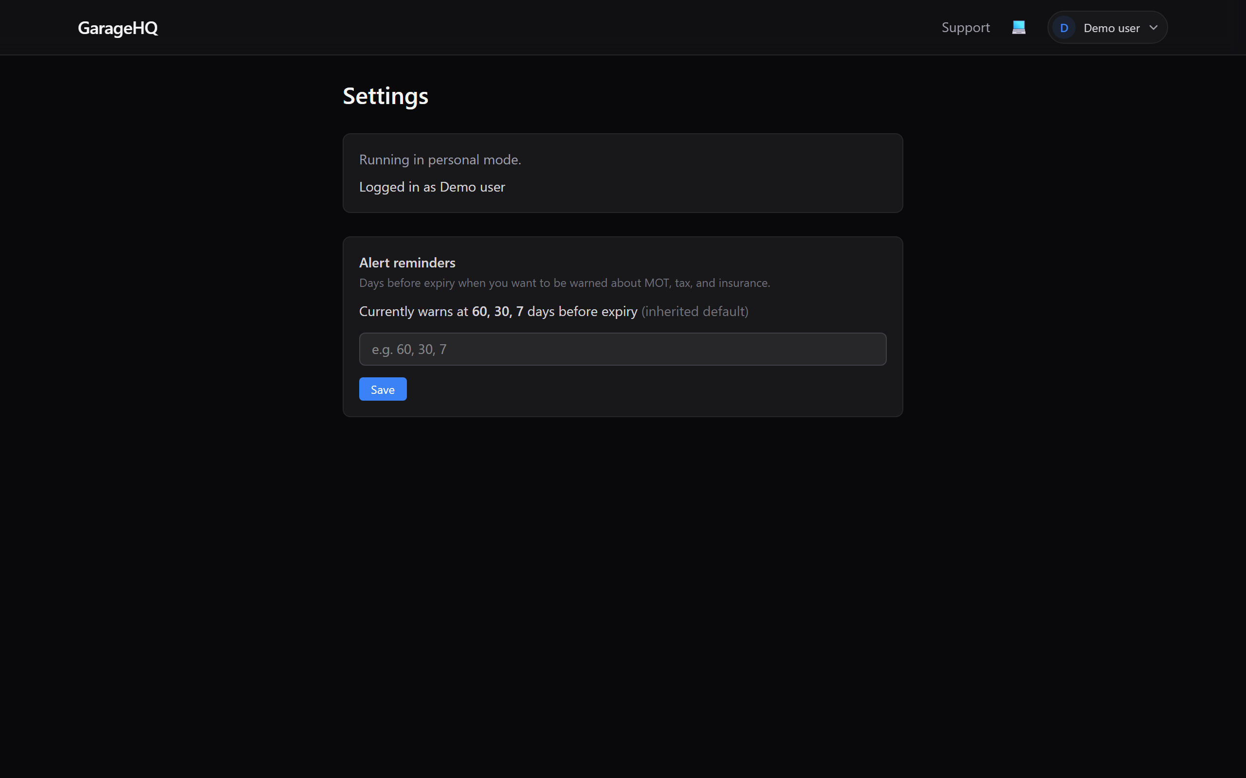 Settings page showing the Alert reminders panel