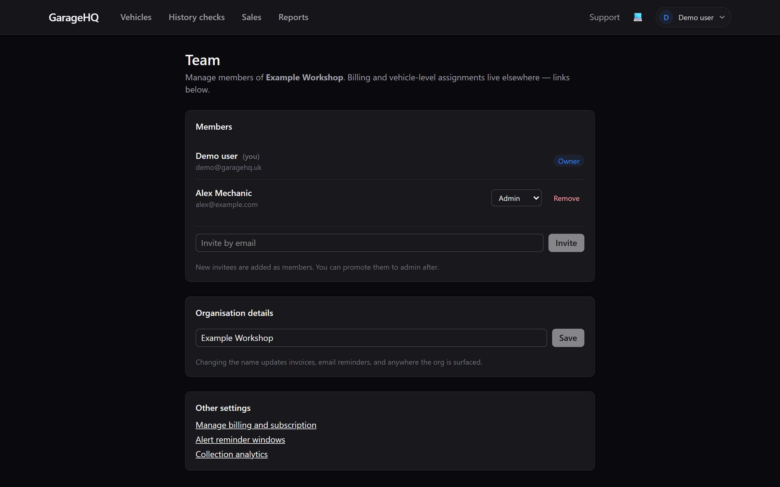Settings team page Vehicles card showing each org vehicle with a dropdown picker for the new owner