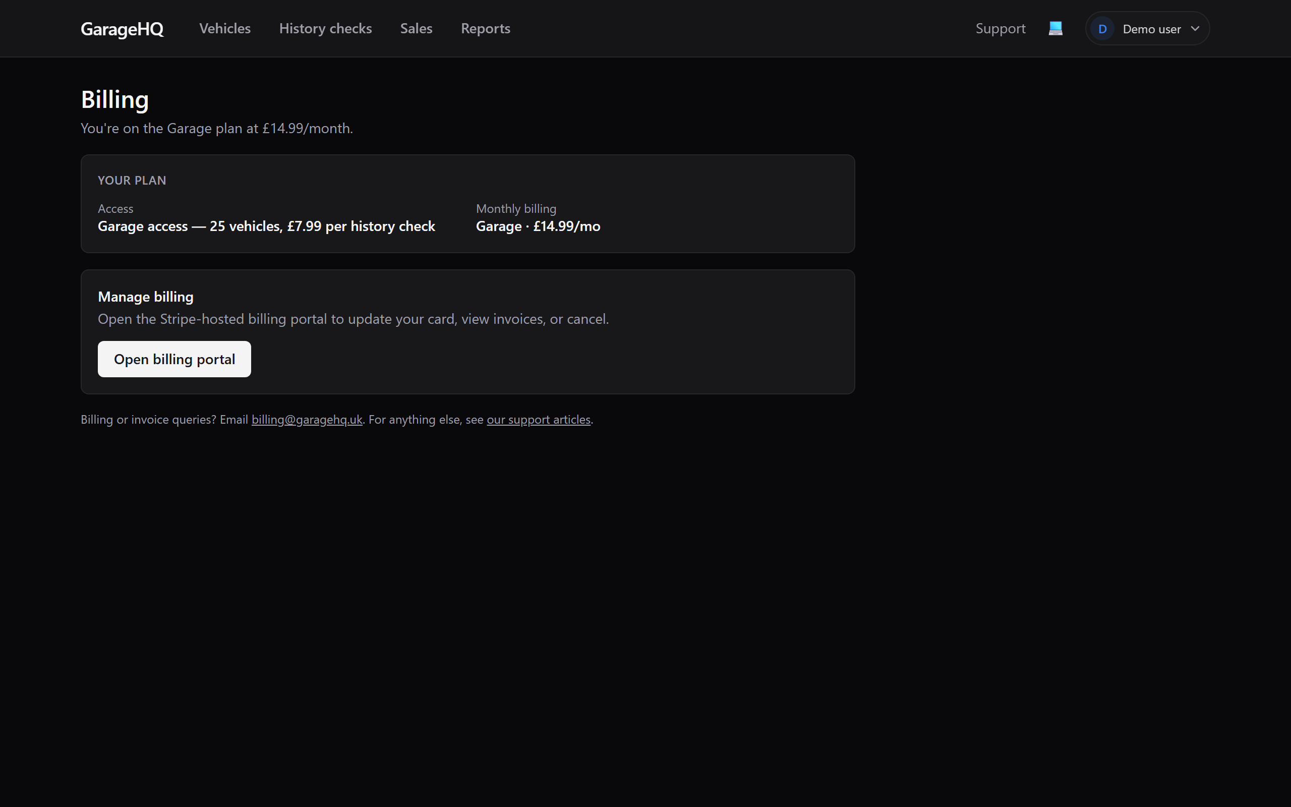 Settings page subscription card showing the Open billing portal button