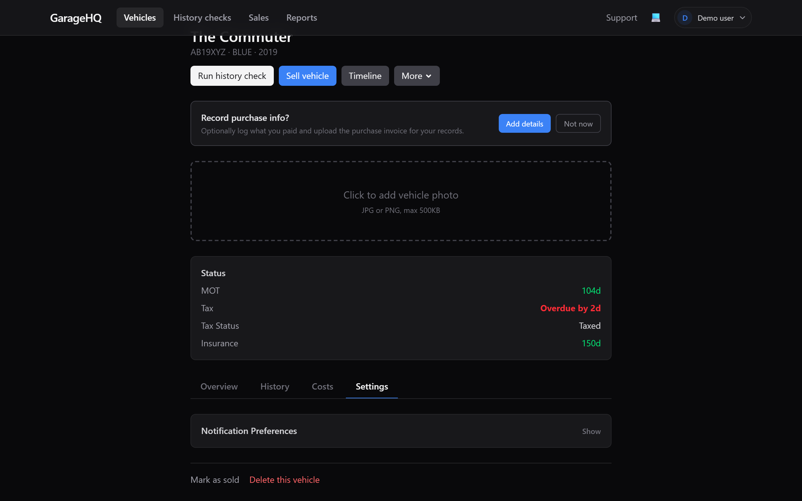 Settings tab on a vehicle detail page showing the Delete this vehicle button