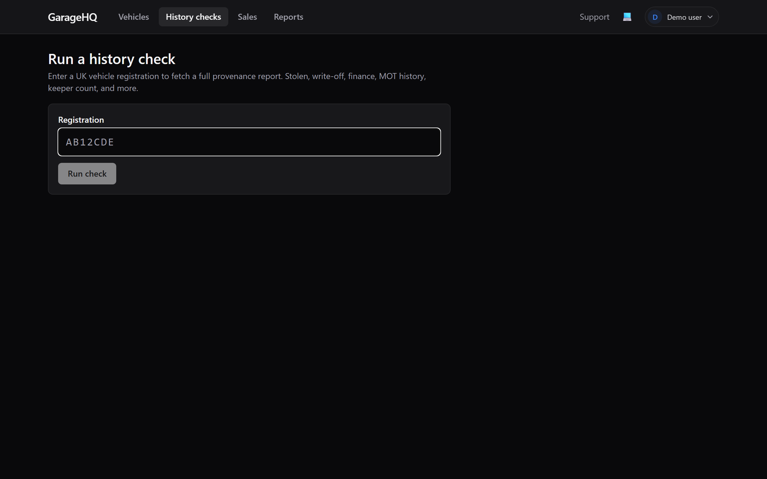 The new history check form with an empty registration field