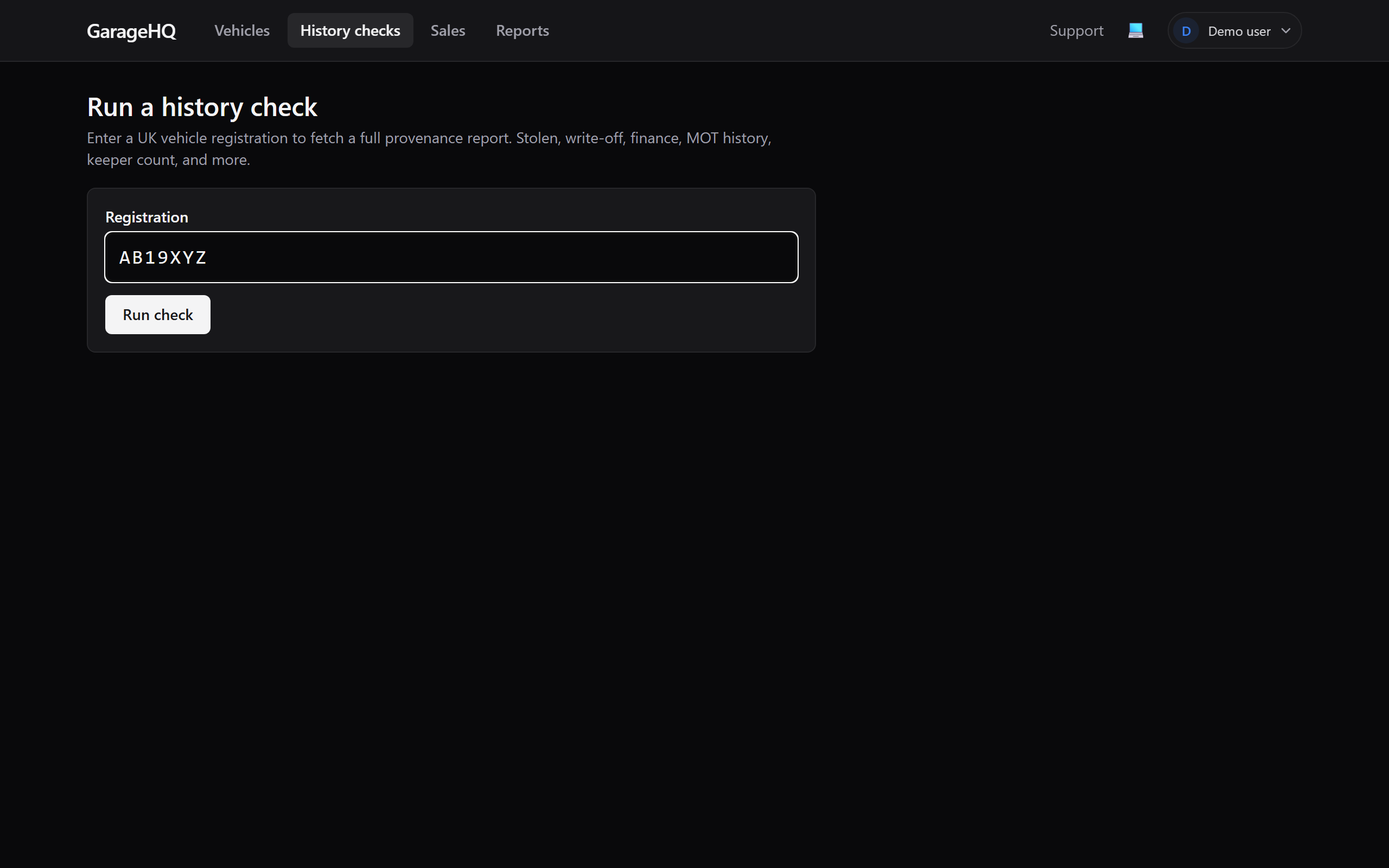 The /checks/new form with a reg typed in