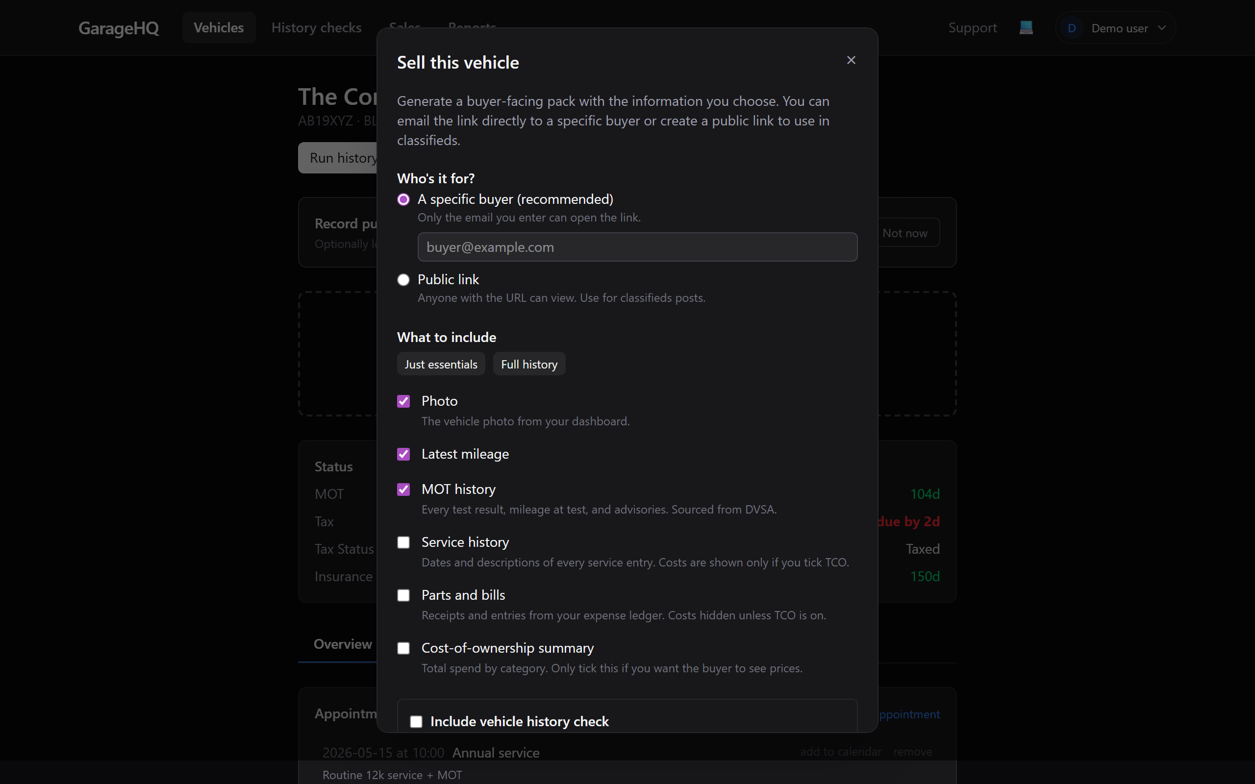 Sell modal with email gate and content tickboxes