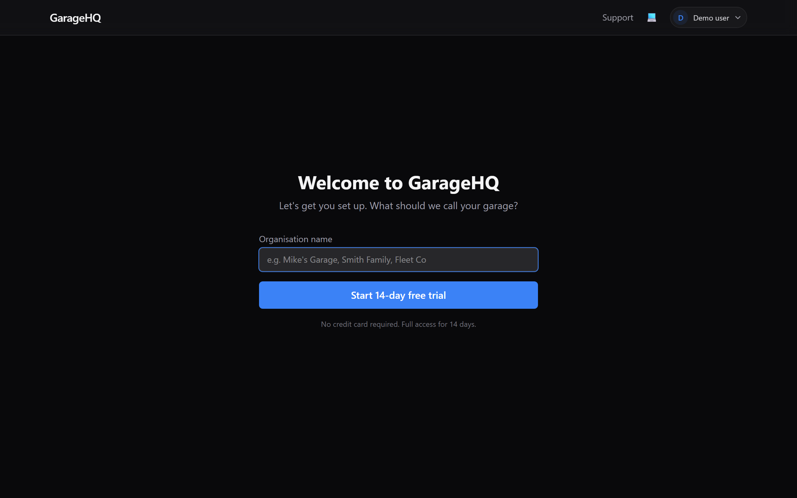 The onboarding page asking for an organisation name