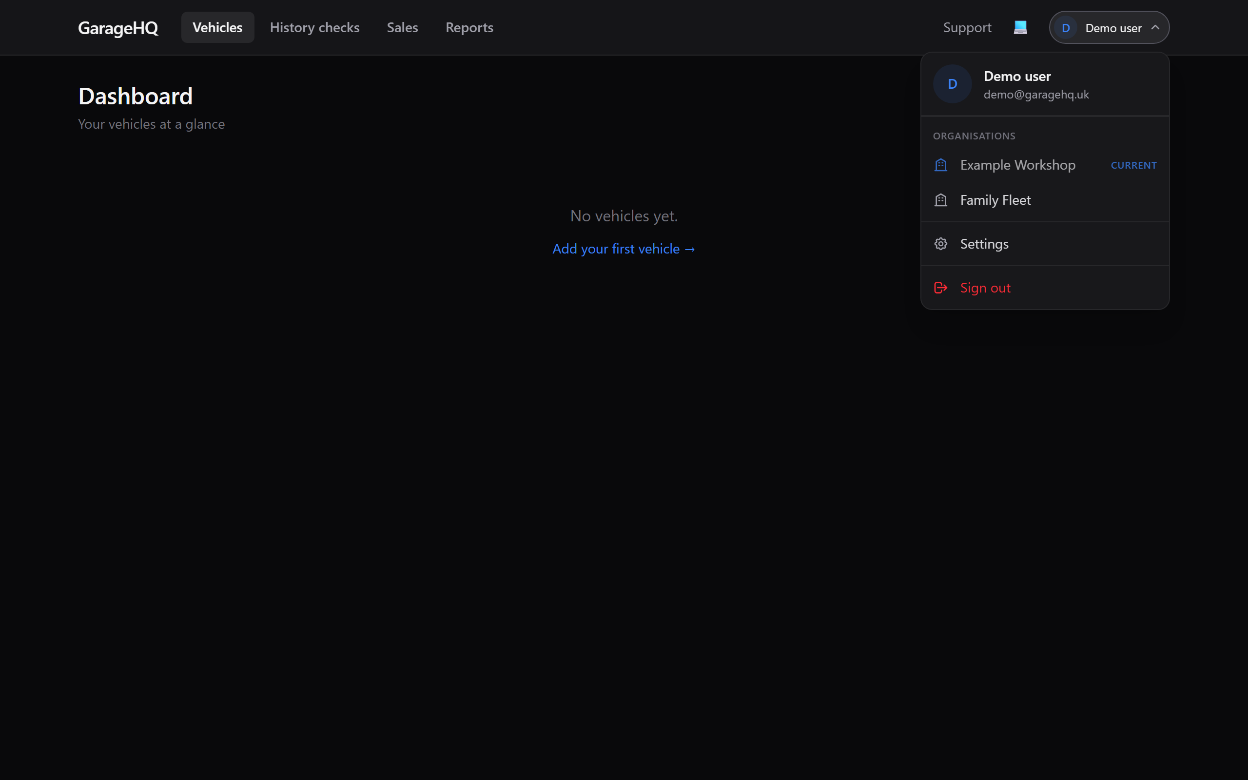 User menu dropdown showing the Organisations section with two orgs, the active one tagged Current