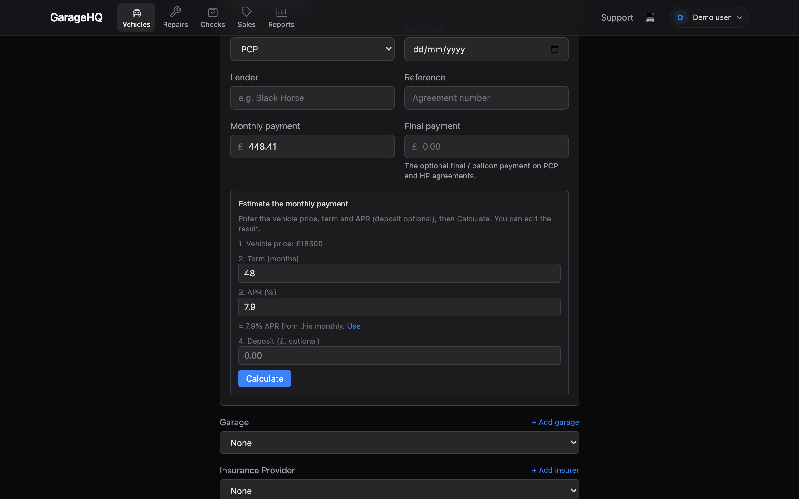 Ownership toggle on the Add Vehicle form with the finance fields revealed