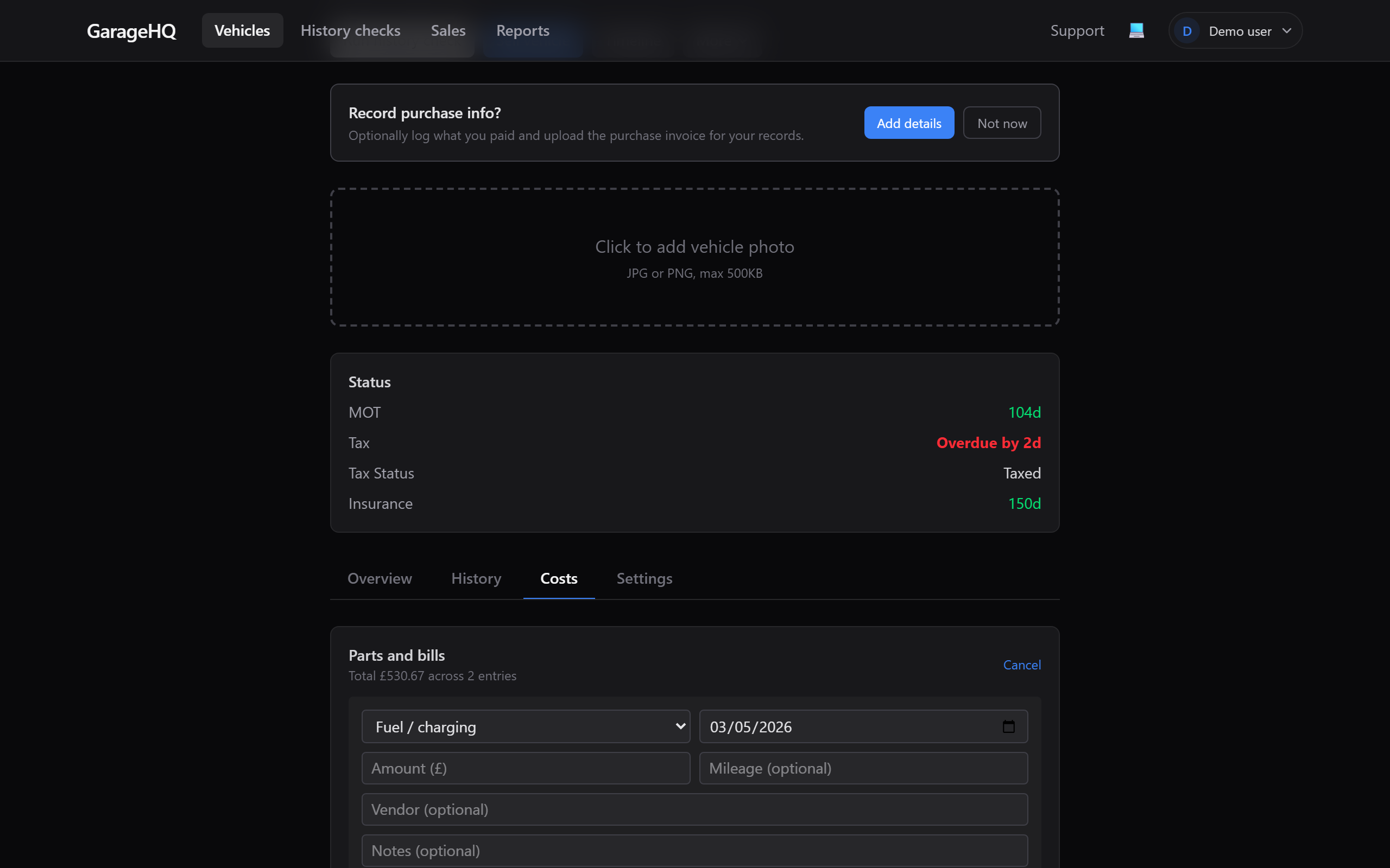 Add expense form on the vehicle detail page