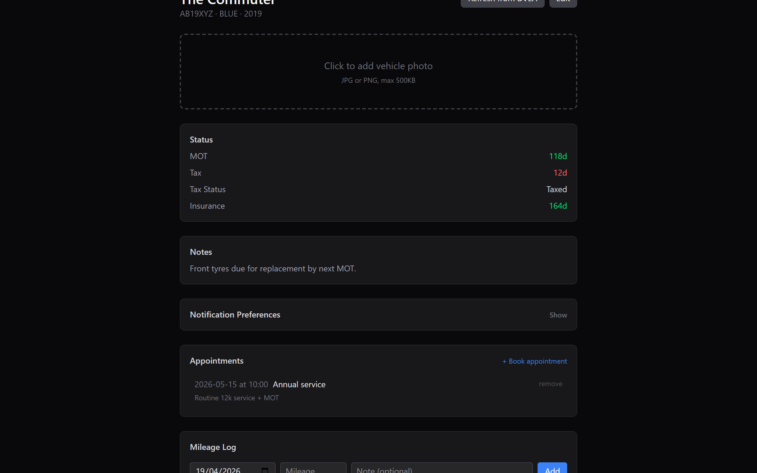 Vehicle detail page with photo placeholder + upload prompt