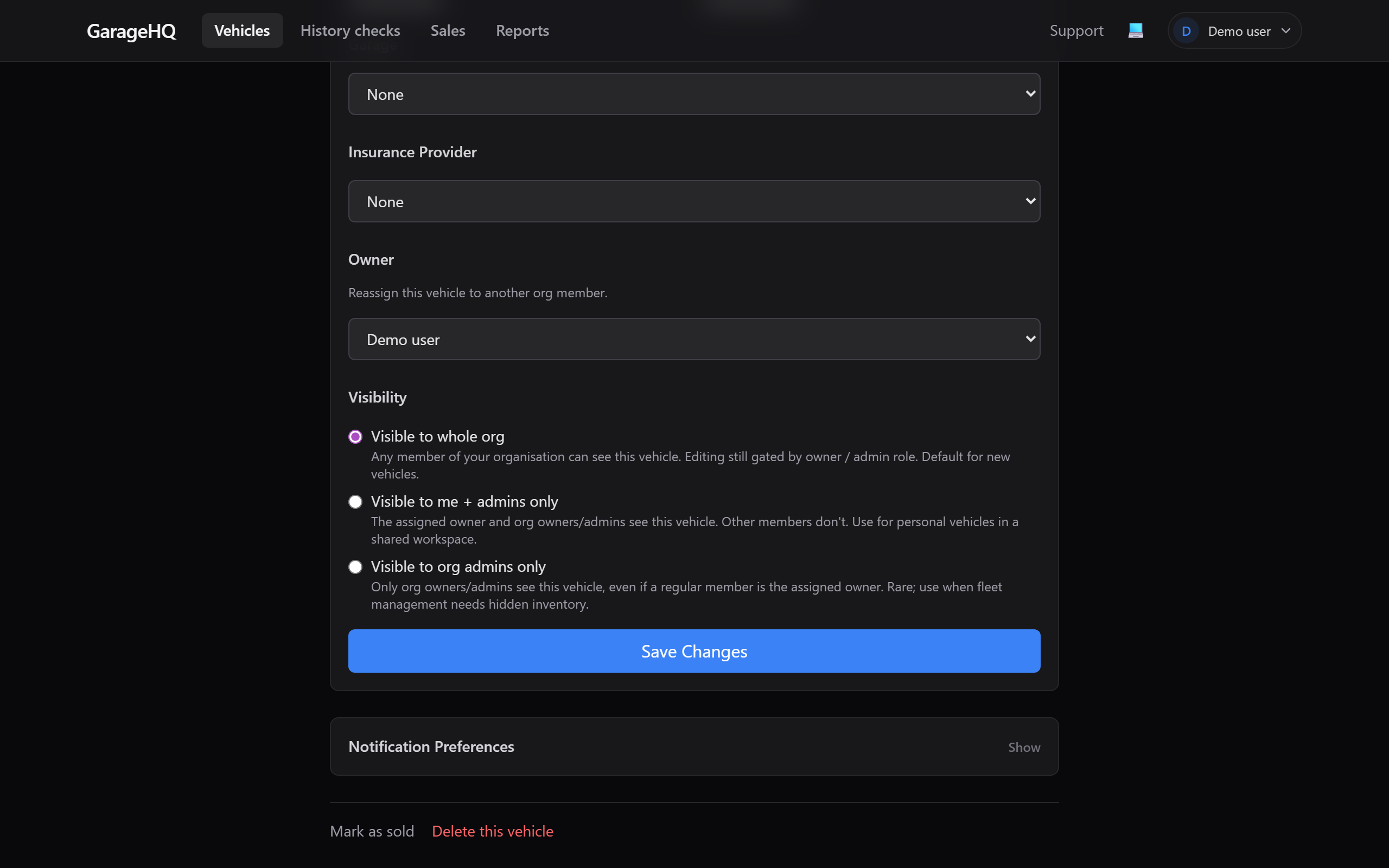 Vehicle edit form showing the Owner section with a dropdown of org members