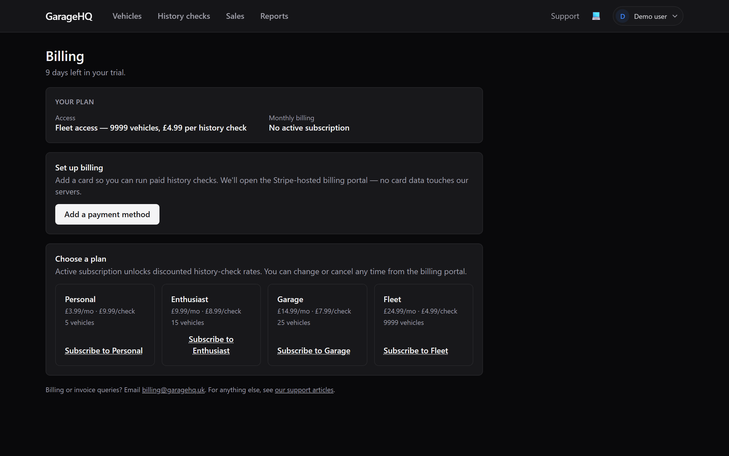 The Settings, Billing page showing the three plan cards